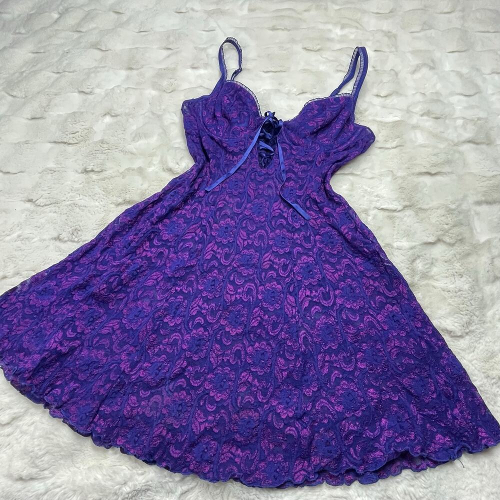 🔥Vintage Y2K Frederic Of Hollywood Purple Lace Babydoll Lace Up Coquette Dainty - Picture 10 of 16